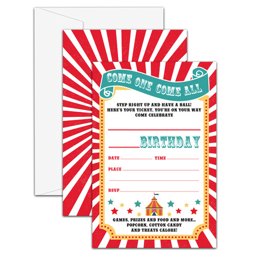 UTESG Carnival Birthday Party Invitations, Circus Birthday Invitations for Boys Girls, Carnival Fill-in Invites, Circus Birthday Party Decorations, Set of 20 Cards with 20 Envelopes (C09)
