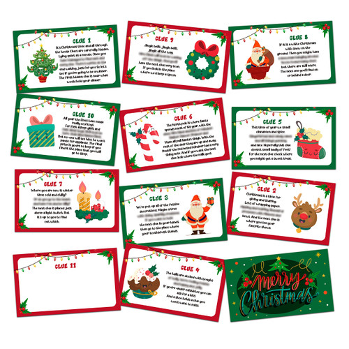 Eyouyeqi Christmas Scavenger Treasure Hunt Clues Games Cards for Kids, Christmas Eve Riddle Clue Cards, Xmas Party Game, Indoor Outdoor Kids Winter Activity (13 Cards with Envelopes)