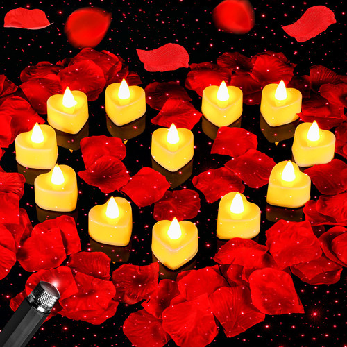 600 Pcs Rose Petals for Romantic Night for him her Set 12 Pcs Heart LED Candle Romantic Decoration Special Night with USB Night Light for Proposal Wedding Anniversary Valentines Day (White Light)