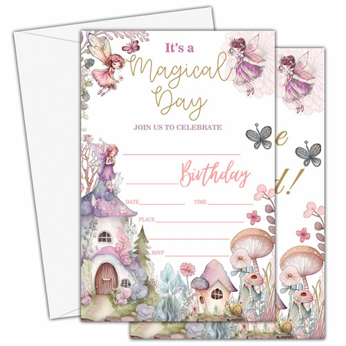 Byowiv Fairy Birthday Invitations, 20 Magical Garden Princess Style Invite Cards with Envelopes, Birthday Party Celebration Supplies-A01