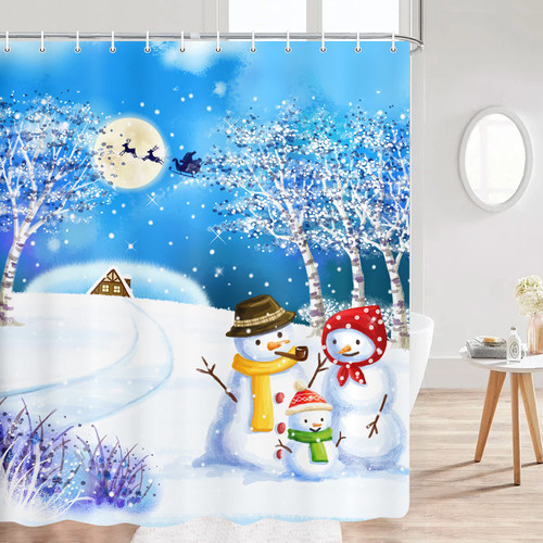 JAWO Merry Christmas Snowman Shower Curtain, Winter Theme Waterproof Polyester Fabric for Kid's Bathroom Decor Bath Curtains with 12 Hooks