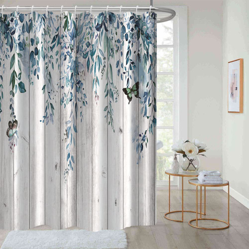 LFEEY Eucalyptus Shower Curtain, Spring Blue Leaves Shower Curtain Set for Bathroom Waterproof Fabric Watercolor Botanical Plant Butterfly Bathroom Decor with Hooks, 72x72 Inch