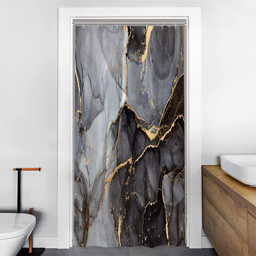 LFEEY Stall Shower Curtain, Modern Luxury Black Gold Marble Small Shower Curtain Set Waterproof Abstract Grey Golden Bathroom Curtain with Hooks Narrow Bath Curtain, 36x72 Inch