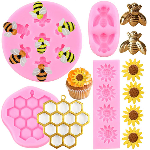 Mujiang Bee & Flower Theme Silicone Molds Honeycomb Sunflower Bumble Bee Fondant Mold For Cake Decorating Chocolate Candy Clay Gumpaste Set Of 4