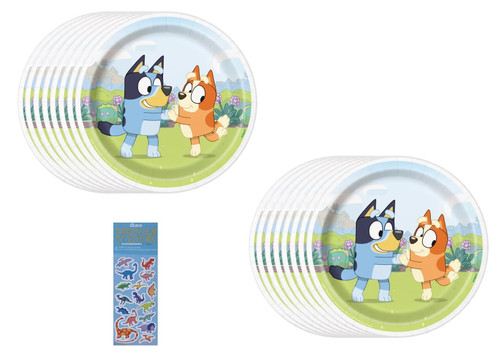 Unique Bluey Birthday Party Supplies Bundle Pack includes 16 Dessert Cake Paper Plates and 1 Esave Dinosaur Sticker Sheet