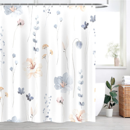 joybest Watercolor Floral Shower Curtain, Plant Leaves with Flower Shower Curtain Sets, Bathroom Decor Waterproof Fabric Shower Curtain, 72x72 Inch with Hooks