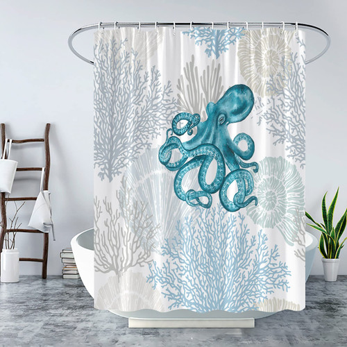 JJYPPY Nautical Coastal Shower Curtain Cool Blue Octopus Starfish Seashell Coral Beach Ocean Underwater Marine Vintage Sea Wildlife Marine Life Summer Bathroom Curtain with Hook