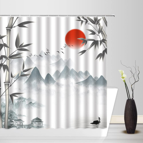 ZRUWUA Japanese Bamboo Shower Curtain Asian Black Bamboo Misty Mountain Red Sun Abstract Traditional Ink Painting Chinese Oriental Nature Landscape Polyester Bathroom Decor Curtain with Hooks