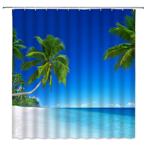 JOFKAXU Ocean Beach Shower Curtain Tropical Palm Tree Blue Sky Sea Island Landscape Summer Seaside Hawaii Nature Seascape Bath Curtain with Hook