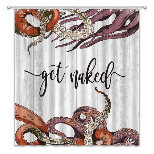 JOFKAXU Octopus Tentacles Shower Curtain Get Naked Sea Kraken Rustic Wooden Planks Ocean Animal Marine Life Vintage Nautical Bath Curtain with Hooks