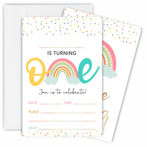 TPYEN 1st Rainbow Birthday Invitations, First Birthday Party Invite Cards For Boys & Girls - 20 Double Side Fill-In Invites With Envelopes, Party Favor & Decorations - A04