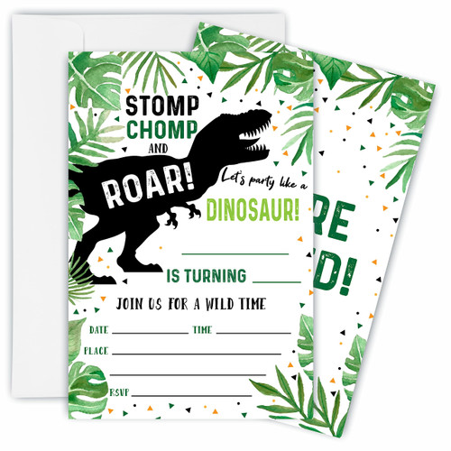 TPYEN Dinosaur Birthday Invitations, Jungle Rex, Roar! Birthday Party Invite Cards For Boys & Girls - 20 Double Side Fill-In Invites With Envelopes, Party Favor & Decorations - A07