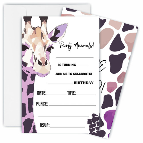 TPYEN Jungle Animals Birthday Invitations, Safari Giraffe Prints Birthday Party Invite Cards For Boys & Girls - 20 Double Side Fill-In Invites With Envelopes, Party Favor & Decorations - A15