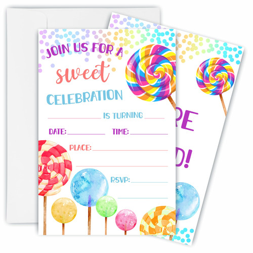 TPYEN Lollipops Birthday Invitations, Sweet Celebration Birthday Party Invite Cards For Boys & Girls - 20 Double Side Fill-In Invites With Envelopes, Party Favor & Decorations - A16
