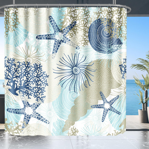 chiinvent Nautical Coastal Waterproof Fabric Shower Curtains Decorative Starfish Coral Ocean Shower Curtain Beach Themed Marine Decor for Bathroom with 12 Hooks, 72 x 72, Blue