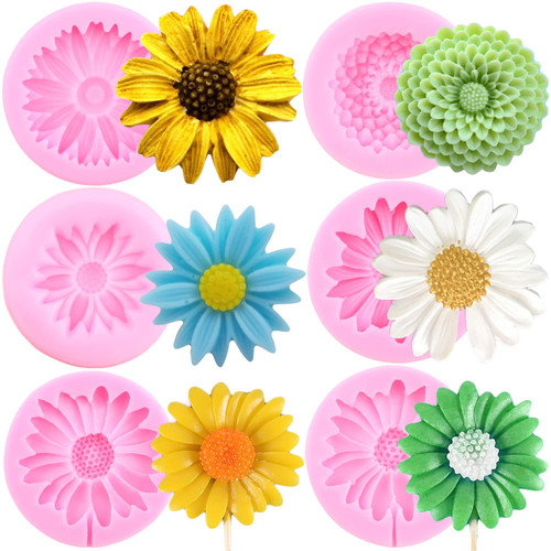 Mujiang Chrysanthemum Flower Silicone Mold Daisy Flower Fondant Molds Sunflower Fondant Molds For Cake Decoration Cupcake Topper Candy Polymer Clay Chocolate Gum Paste Set Of 6