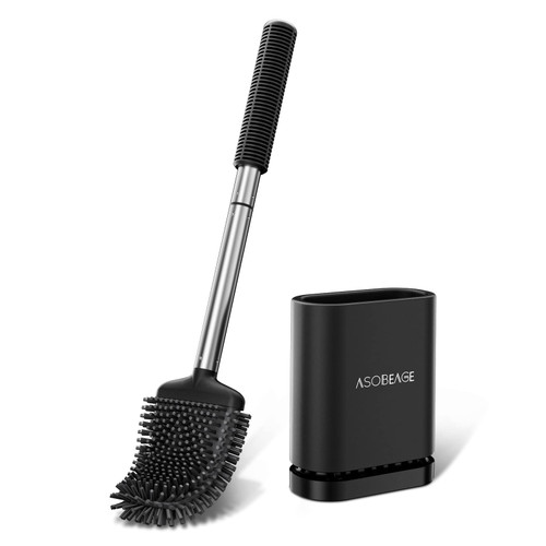 ASOBEAGE Toilet Brush,Deep Cleaner Silicone Toilet Brushes with No-Slip Long Plastic Handle and Flexible Bristles, Silicone Toilet Brush with Quick Drying Holder Set for Toilet?Black?