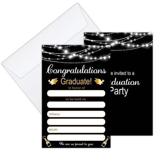 Black Gold Graduation Invitations Cards, Graduation Party Celebration, Grad Announcement Invite Card for High School or College - 25 Fill in Invitations and 25 Envelopes set/GRAD-07