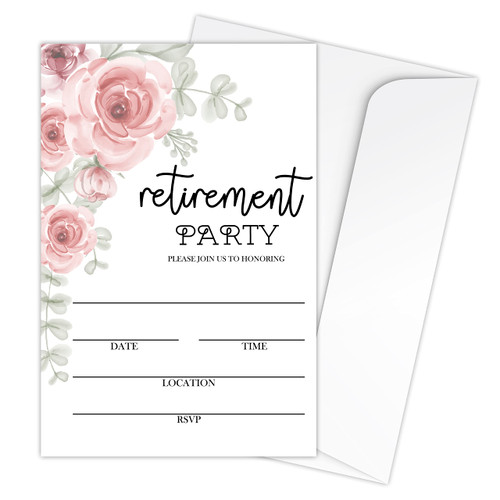 Zodvery Retirement Party Invitations Cards - Pink Floral Surprise party Supplies, for Men, Women, Nurse, Teacher, Doctor - 20 Fill in Retire Party Invitations and 20 Envelopes set/TXYQK-005