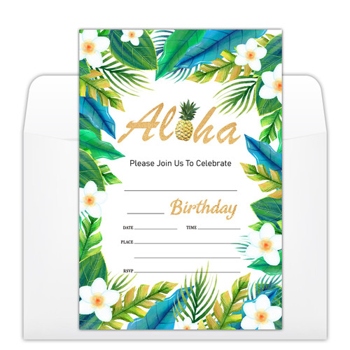 Hawaiian Aloha Luau Floral Birthday Party Invitations Cards with Envelopes, Tropical Summer Party Invitations, Birthday Celebration Supplies, Double-sided Fill-in bday Invites for Boys Girls- A10