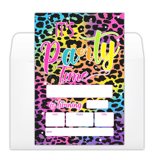 YUEXLL It's Party Time Birthday Party Invitations Cards with Envelopes, Rainbow Party Invitations, Leopard Print Birthday Celebration Supplies, Double-sided Fill-in bday Invites for Boys Girls- A20