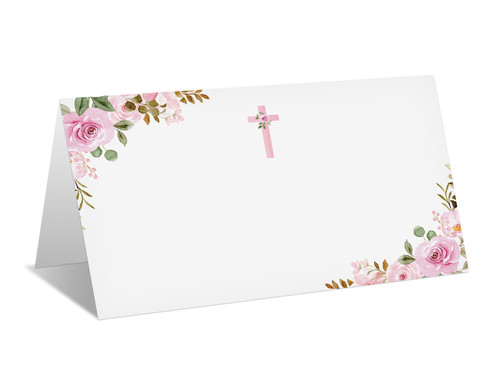 Pink Floral Place Cards for Baptism Religious Christening Ceremony, Seating Place Cards for Tables, Tent Style Cards for Confirmation, First Communion, Pack of 25 Escort Cards (03)