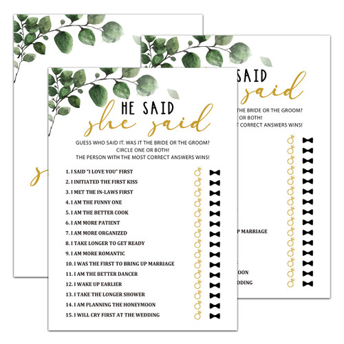 Bridal Shower Games - Greenery Engagement Party Game Cards For Wedding, Bachelorette Party - Bridal Shower Decorations - He Said She Said - 30 Cards(002) Bridal Shower Games - Greenery Engagement Party Game Cards For Wedding, Bachelorette Party - Bridal Shower Decorations - He Said She Said - 30 Cards(002)