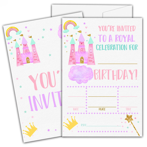Princess Birthday Invitations for Girls, Pink Princess Castle Birthday Party Invitation Cards, Girls Magical Party Celebration Supplies Decoration -20 Fill in Invitations with Envelopes (B22)
