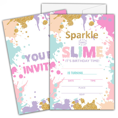 Ycyfckdr Slime Birthday Invitations for Kids, Sparkle and Slime Birthday Party Invitation Cards, Slime Party Celebration Supplies Decoration -20 Fill in Invitations with Envelopes (B16)