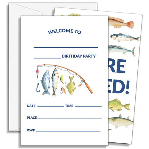 DOQPO Fishing Birthday Invitations, Fishing Party Invitations, Fish Birthday Party Invitation For Boys Girls, Birthday Decorations - 20 Invites With 20 Envelopes - C11