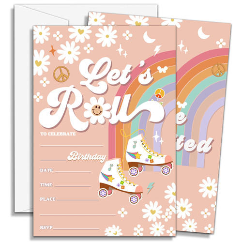 Roller Skating Birthday Invitations, Retro Groovy Roller Skate Party Invitations, Let's Roll Rainbow Birthday Party Invitation For Girls, Birthday Decorations - 20 Invites With 20 Envelopes - C19 Roller Skating Birthday Invitations, Retro Groovy Roller Skate Party Invitations, Let's Roll Rainbow Birthday Party Invitation For Girls, Birthday Decorations - 20 Invites With 20 Envelopes - C19