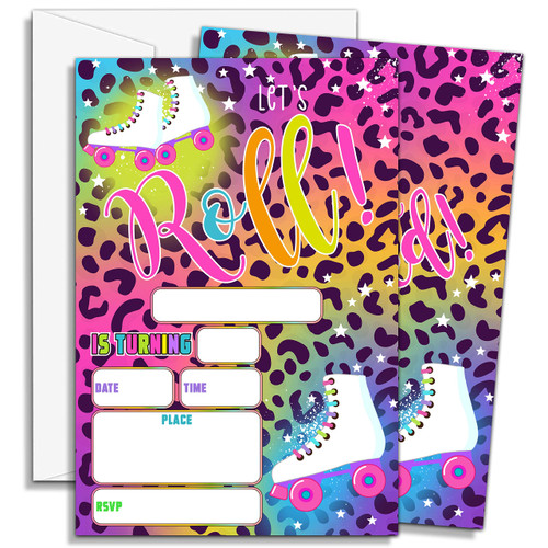 Roller Skating Birthday Invitations, Roller Skate Party Invitations, Let's Roll Cheetah Birthday Party Invitation For Girls, Birthday Decorations Supplies Favors - 20 Invites With 20 Envelopes - C18