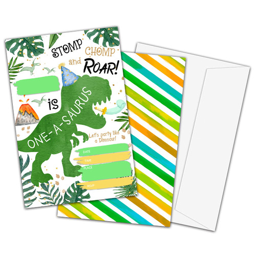 TIOFUNO 1st Birthday Invitations, Dinosaur Party Invite Cards for Kids Boys and Girls, 20 Count Double-Sided Fill-in Invitation with Envelopes - C14