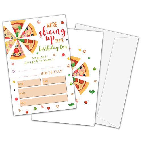 TIOFUNO Pizza Party Birthday Invitations, Snack Party Invite Cards for Kids Boys and Girls, 20 Count Double-Sided Fill-in Invitation with Envelopes - C26