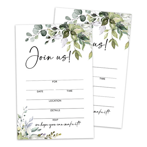 Set of 25 All Occasion Eucalyptus Invitations with Envelopes- Join us Invitations, Greenery Invites for Bridal Shower Wedding Engagement Birthday Retirement Grad Fill in Style Invites Cards -004
