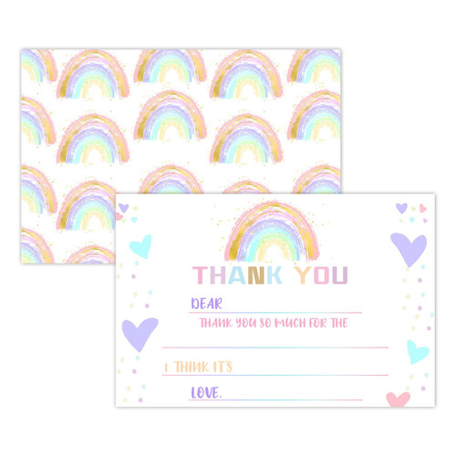 20 Rainbow Theme Thank You Cards with Envelopes, Boho Rainbow Thank You Messages Fill in card for kids or Teen Boy Girl, 4x6 Inches Thank you Cards for Birthday Party Use-004