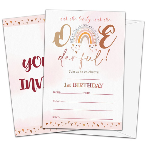 1st Onederful Birthday Party Invitations, Isn't She Onederful Birthday Invitations Cards for Kids, Boho Rainbow Fill in The Blank Birthday Party Invites, 20 Invitation Cards With 20 Envelopes -C13