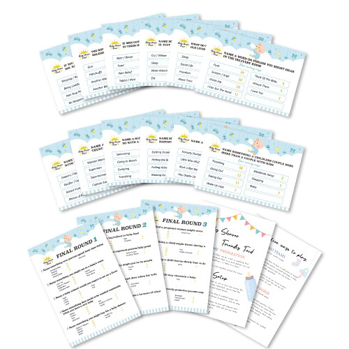 Baby Shower Friendly Feud Game,Boy Baby Shower Feud Quiz,Baby Shower Decorations,Baby Shower Game Night,2 Instruction Cards + 12 Preliminaries Cards + 3 Final Cards-SQBS10