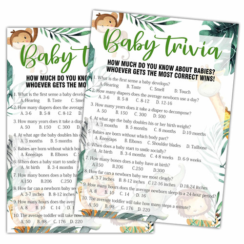 Woodland Baby Trivia Baby Shower Games, 25 Safari Animals Gender Neutral Cards with 1 Answer Card, Gender Reveal Party Game Set for Women, Men-A39