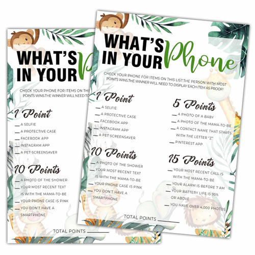 Woodland What's in Your Phone Baby Shower Games, 25 Safari Animals Gender Neutral Cards, Gender Reveal Party Game Set for Women, Men-A51