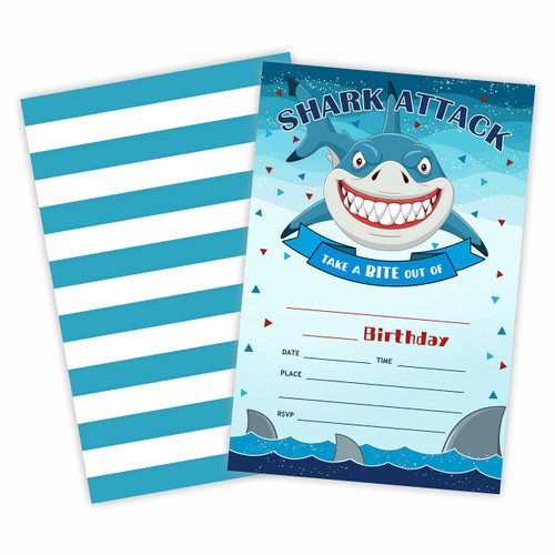 Shark Theme Birthday Party Invitation, Shark Attack Invite Cards?20 Count) With Envelopes, Ocean Fill In Style Invite Cards For Boys, Girls, Kids, Birthday Party Supplies-A03