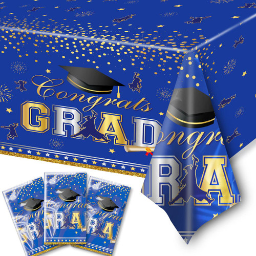 HAKOTI 2023 Graduation Tablecloth,3pcs Blue and Gold Graduation Table Cloths Class of 2023 Plastic Waterproof Table Cover for Congrats Grad Party Supplies