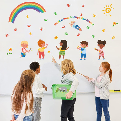 TOARTI Small Hands Change The World Sticker Colorful Handprint Wall Decals Nursery Decorations Inspirational Quote Rainbow Wall Stickers for Classroom Kids Room Decor