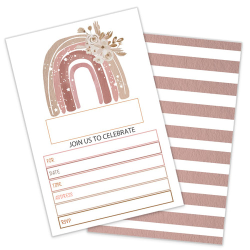 Rainbow Birthday Party Invitations,Boho Brown Rainbow Party Invites Cards, For Girls Boys Birthday Party Decoration, party Supplies (20 Invites + Envelopes)