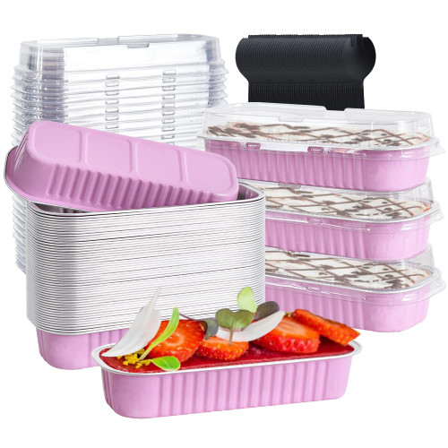 BEISHIDA Individual Mini Cake Pans with Lids and Spoons 50 pcs Mini Loaf Pans with Lids, Rectangle Aluminum Pans with Lids, Disposable Loaf Pans for Baking Bread Cupcake Muffin Brownie (Pink)