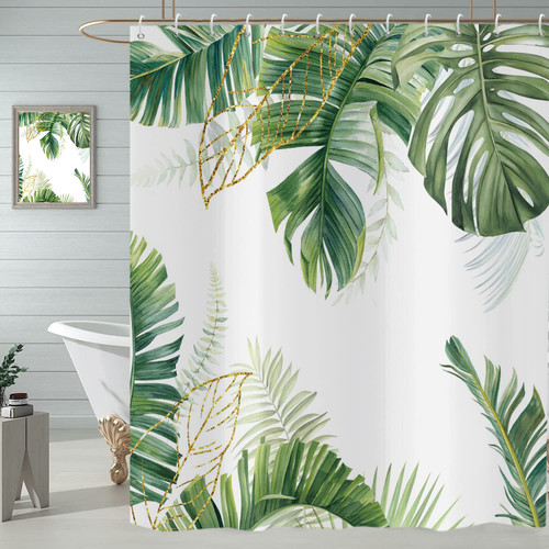 CRTPOD Tropical Plant Shower Curtain Green Palm Leaf Botanical Bath Curtain with Hooks Gold Monstera Leaves Bathroom Curtains Waterproof Polyester Fabric Home Decor 72Wx72L