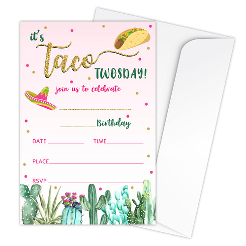 Zodvery Taco Twosday Birthday Party Invitations Cards - Cactus Party Supplies for Kids, Boys or Girls - 20 Fill in Birthday Party Invitations and 20 Envelopes set/05