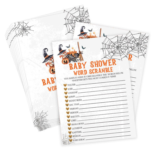 Halloween Baby Shower Word Scramble Game, Halloween Game for Baby Shower, Baby Shower Decorations, Fall Gender Reveal Party Supplies, 30 Game Cards and 1 Answer Key - WY06
