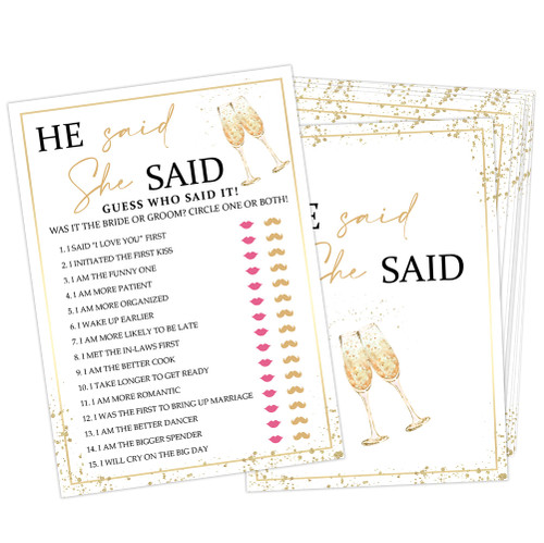 He Said She Said Bridal Shower Games, Wedding Shower and Bachelorette Party - Set of 30 Cards, Gold Champagne Bridal Wedding Activities Game Cards for Guests, Bridal Shower Party Decorations-LH1 He Said She Said Bridal Shower Games, Wedding Shower and Bachelorette Party - Set of 30 Cards, Gold Champagne Bridal Wedding Activities Game Cards for Guests, Bridal Shower Party Decorations-LH1