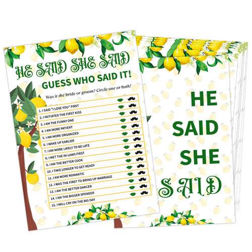 He Said She Said Bridal Shower Games, Wedding Shower and Bachelorette Party - Set of 30 Cards, Lemon Bridal Wedding Activities Game Cards for Guests, Bridal Shower Party Decorations-LH3 He Said She Said Bridal Shower Games, Wedding Shower and Bachelorette Party - Set of 30 Cards, Lemon Bridal Wedding Activities Game Cards for Guests, Bridal Shower Party Decorations-LH3